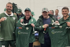 Carl and Dylan Keating of Zenviron handing jerseys to Lachy Milton  and Chicky Sykiotis